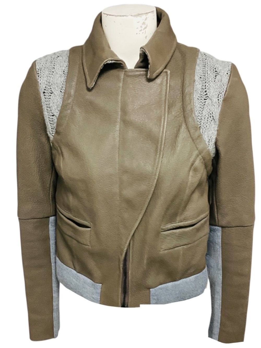 THAKOON TAUPE LAMBSKIN LEATHER JACKET WITH GREY WOOL KNIT TRIM